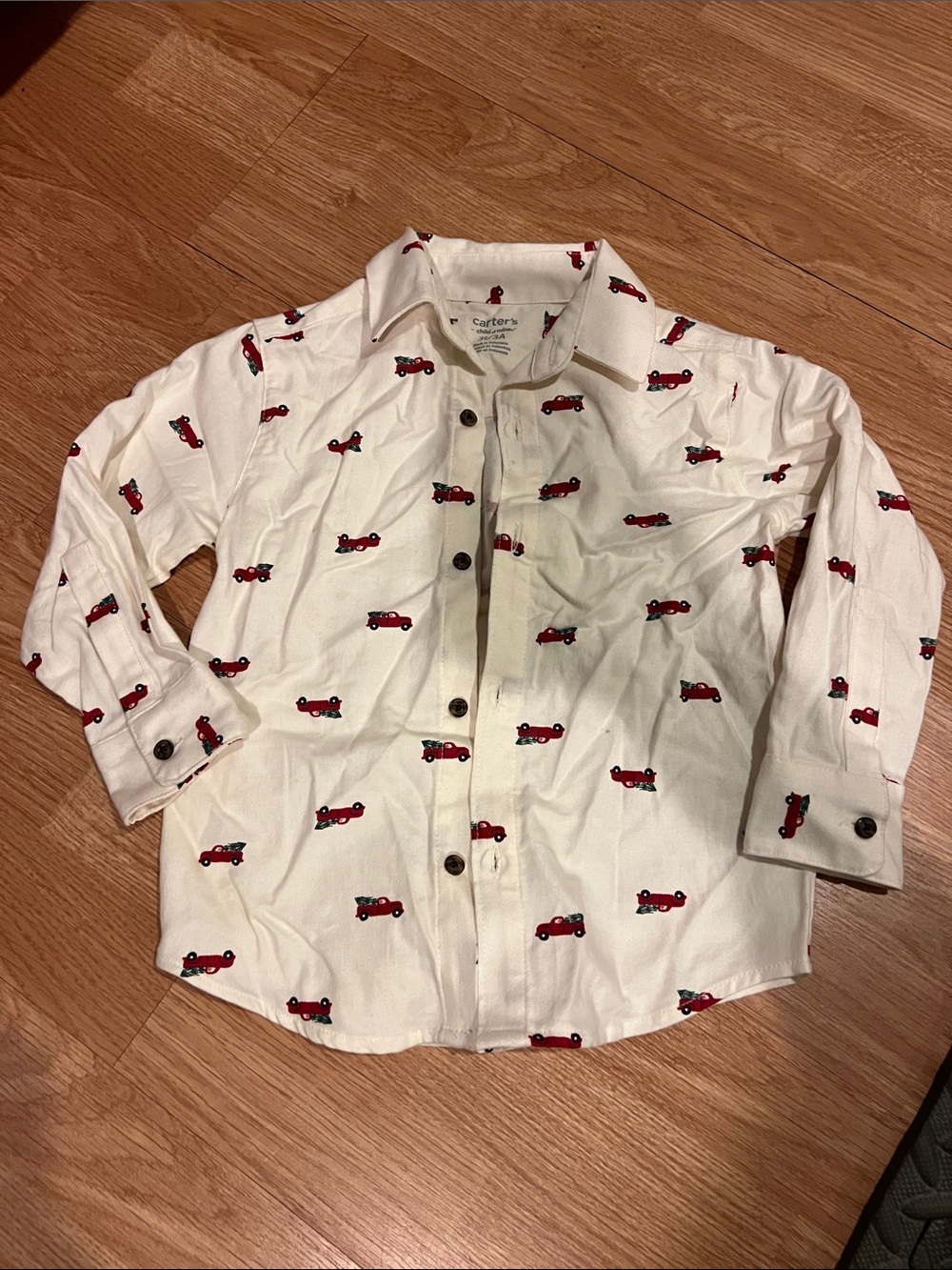 Carter's Cream Button-Down Shirt with Red Car Print